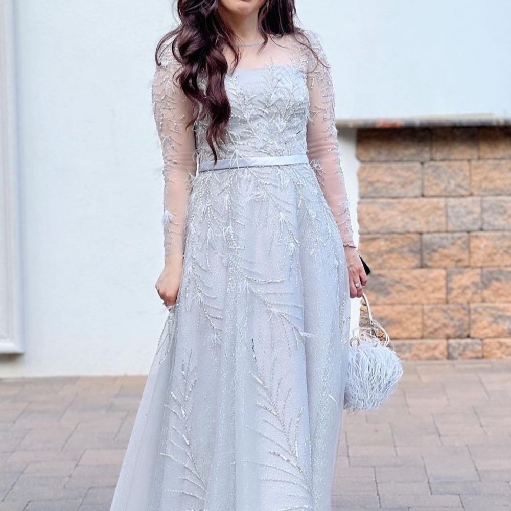 Gray Basix Feathered Modest Evening A-Line Gown